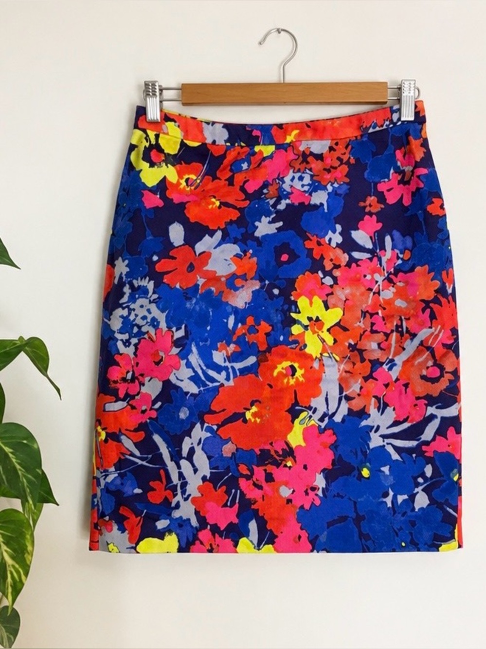 LOFT Navy Floral Pencil Skirt with Bright Coral, Pink & Neon Yellow Accents